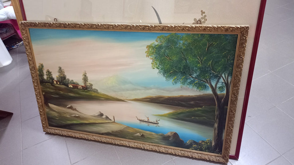 Dipinto a olio grande paesaggio sul lago