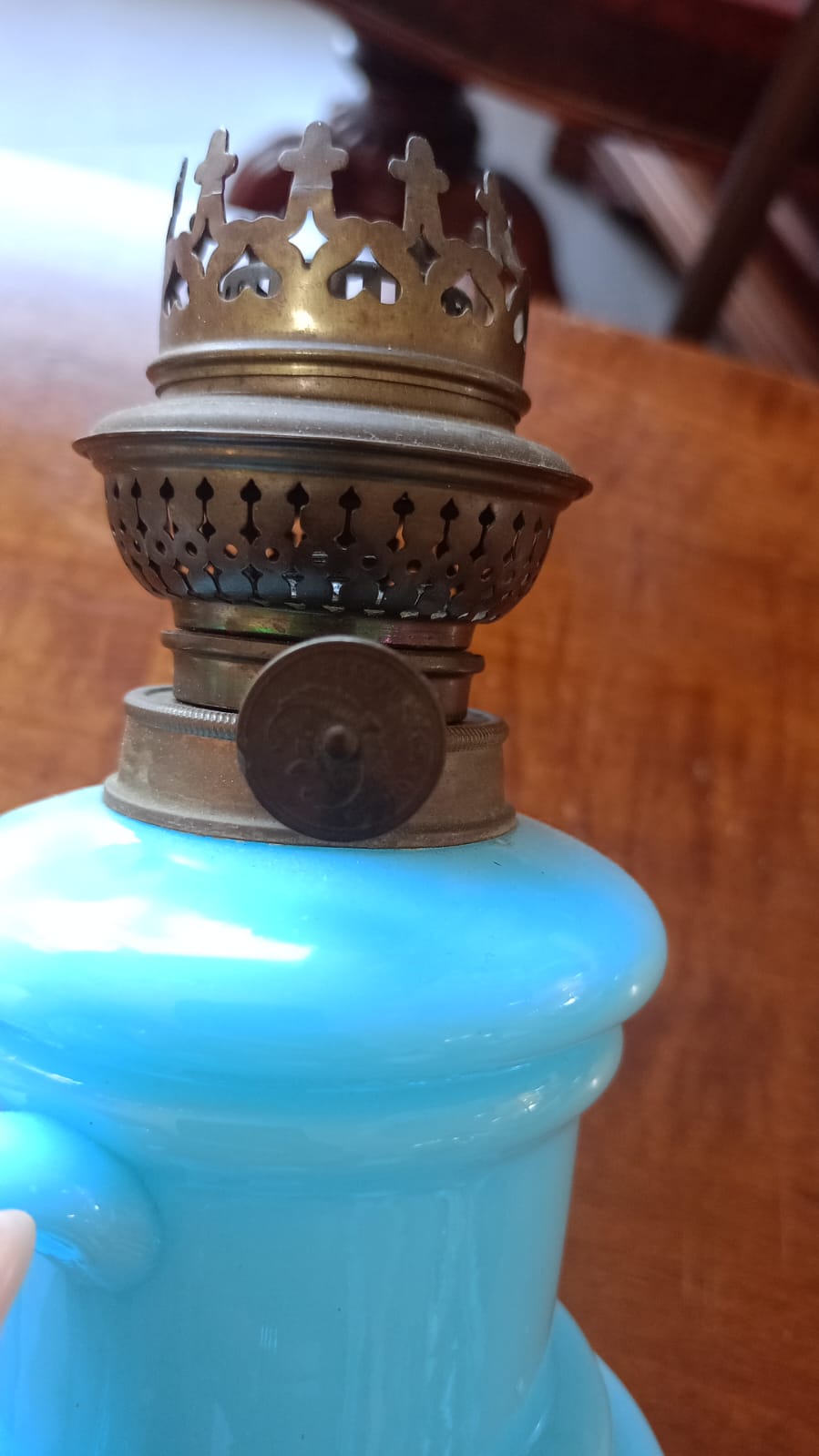 Lampada a olio in opalina turchese fine ‘800