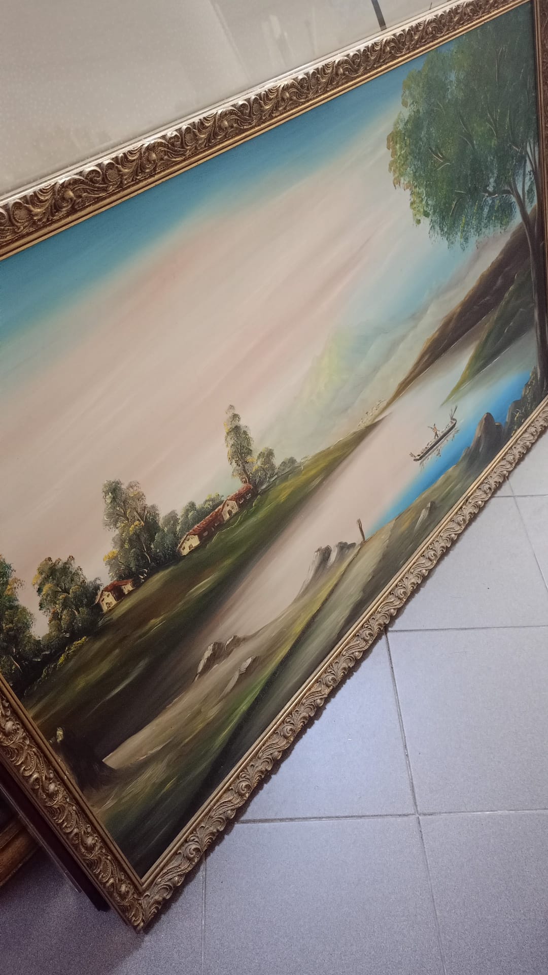 Dipinto a olio grande paesaggio sul lago