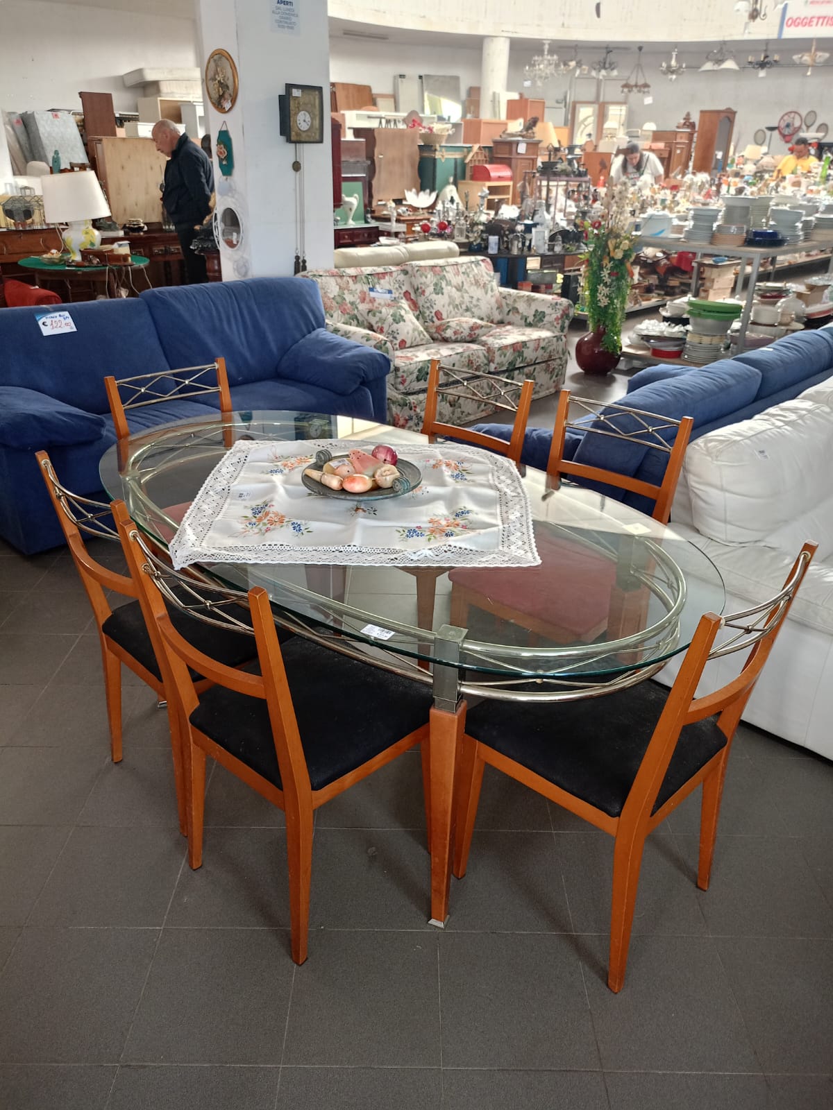 Tavolo design legno/acciaio/vetro + 6 sedie seduta pelle